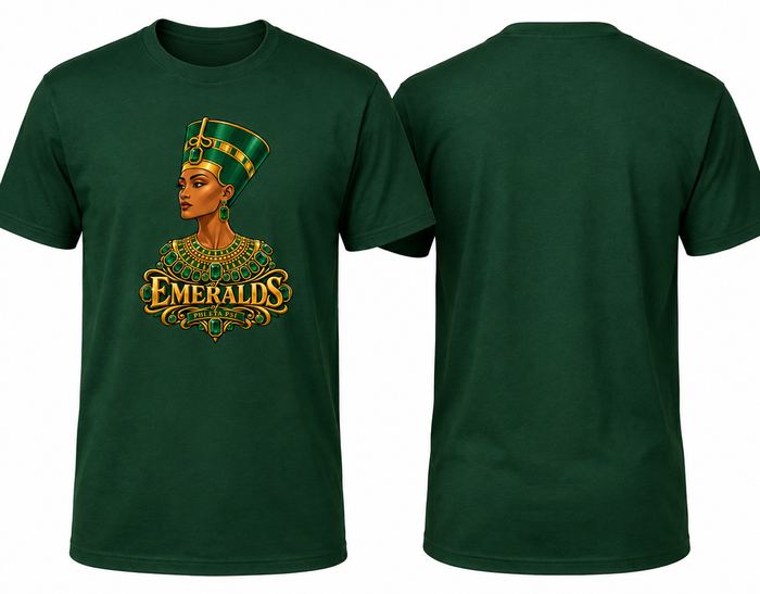 Forest-green Emeralds T-shirt, front and back, with a gold Nefertiti illustration and Emeralds of Phi Eta Psi lettering.
