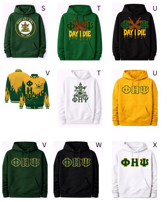 Phi Eta Psi hoodies with the crest and Greek letters plus a green and gold flame varsity jacket.