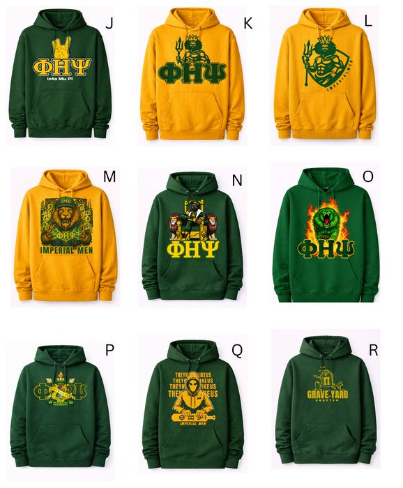 Nine green and gold Phi Eta Psi hoodie designs featuring lions, a throne, a trident king, and the fraternity crest.