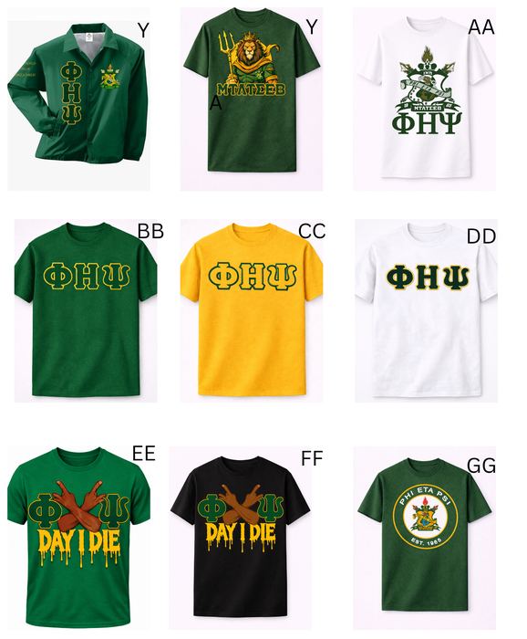 A green Phi Eta Psi coach jacket and eight T-shirt designs with Greek letters, the crest, Day I Die, and the Est. 1965 seal.