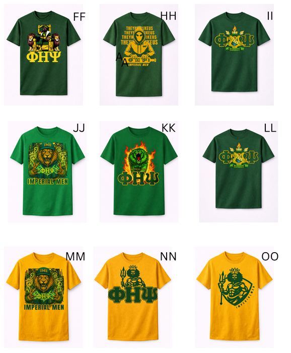 Nine green and gold Phi Eta Psi T-shirt designs featuring the throne, crest, lions, and trident king artwork.
