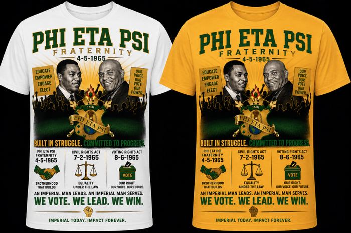 Two Phi Eta Psi National Voter Education Campaign T-shirts, white and gold, reading Built in Struggle. Committed to Progress. We Vote. We Lead. We Win.